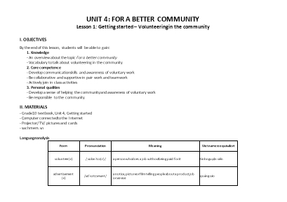 Giáo án Tiếng Anh Lớp 10 (Global review) - Unit 4 For a better community - Năm học 2022-2023